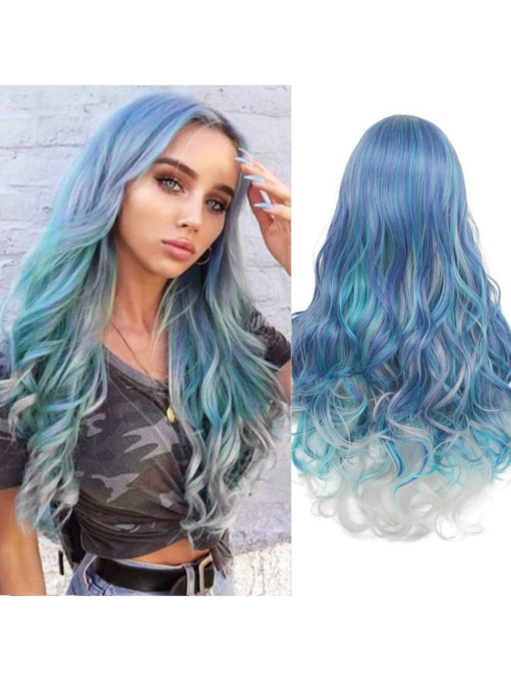 Women's Blue Grey Middle Part Modern Heat Resistant Fiber Straight Long Wigs